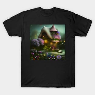 Sparkling Fantasy Cottage with Lights and Glitter Background in Forest, Scenery Nature T-Shirt